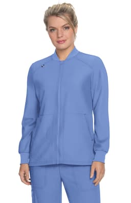 A blue women's jacket with a zip front and a logo, featuring long sleeves and side pockets.