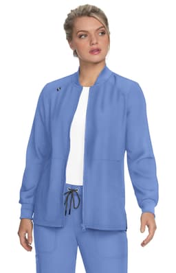 A light blue jacket with a zip front and ribbed cuffs, featuring a logo on the upper left side.