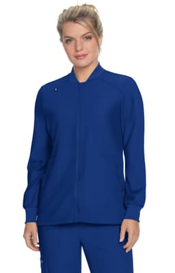 A blue jacket with a zip front and long sleeves, featuring a logo on the chest, designed for an active lifestyle.