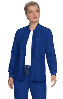 A blue jacket with a straight cut and long sleeves, worn by a model. The jacket features a logo.