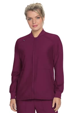 A maroon zip-up jacket with long sleeves, featuring a small logo on the chest and side pockets.