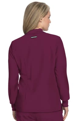 A jacket in maroon, featuring a simple design and a back view with a logo on the upper section.