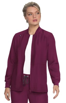 A maroon jacket with long sleeves and a front zip, featuring a logo on the chest.