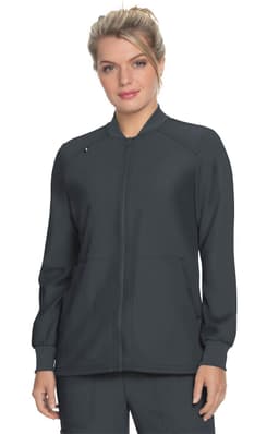 A dark grey jacket with a zip front, featuring a sleek design and pockets. It includes a small logo on the fabric.