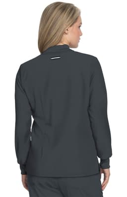 A grey women's jacket with a stand-up collar, featuring long sleeves and a logo on the back.