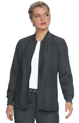 A black jacket featuring a zip front, pockets, and a simple design, worn by a model against a plain background.