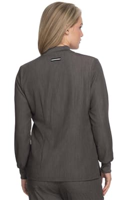 A grey jacket with a fitted design, featuring a subtle stripe pattern and a logo on the back.