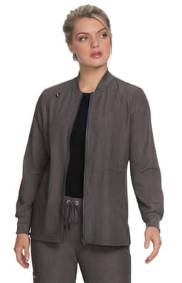 A grey jacket with a zippered front, featuring a stand-up collar and long sleeves, worn by a model.