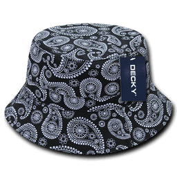 A black bucket hat featuring a white paisley pattern and a logo tag on the side.