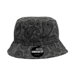 A grey bucket hat featuring a relaxed paisley pattern and a logo patch on the front.