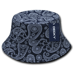 A navy bucket hat featuring a white paisley pattern and a logo tag.