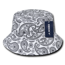 A bucket hat featuring a black and white paisley pattern, with a small brand tag on the side.