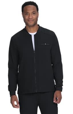 A black jacket with a zip front and a stand-up collar, featuring a logo on the chest.