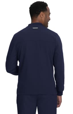 A navy jacket viewed from the back, featuring a logo on the upper back and long sleeves.