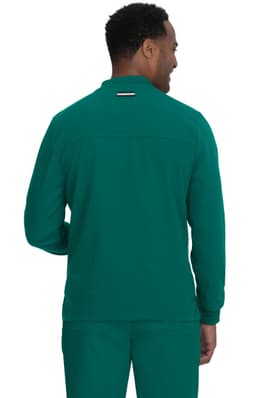 A green jacket with a zip collar and a logo on the back, viewed from the rear.