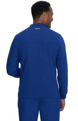 A blue jacket featuring a high collar and back detail, designed for comfort. It has a logo on the back.