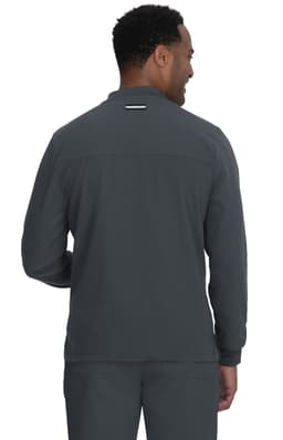 A grey jacket with a simple back design and a small logo on the upper section.