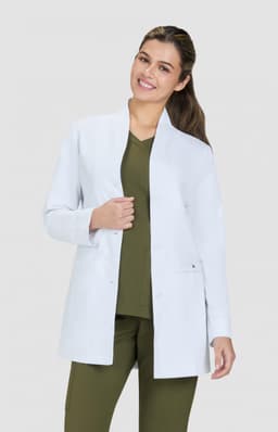 A white lab coat worn over an olive green top, featuring a straight-cut design and an open front.