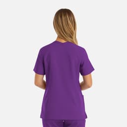 A women's double V-neck top in a vibrant purple colour, featuring short sleeves and a simple design.
