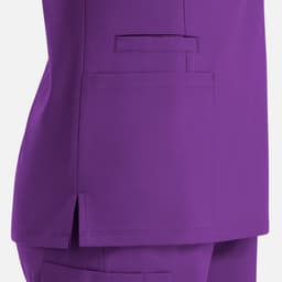 A purple women's double V-neck top featuring a side split and a large pocket design.