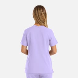 A lavender women's double V-neck top with short sleeves, featuring a fitted design and a logo.