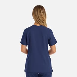 A women's double V-neck top in navy blue, featuring short sleeves and a simple design, with a logo visible.