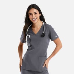 A women's grey double V-neck top with short sleeves, featuring a stethoscope around the neck and pockets.