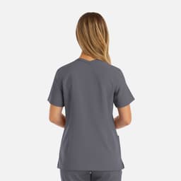 A grey women's double V-neck top with short sleeves, featuring a back view. The top has a logo.