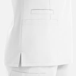 A white women's double V-neck top featuring side slits and a pocket on the hip. It has a minimalistic design and a logo.