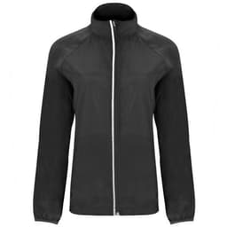 A lightweight windbreaker in black, featuring a full zip front and a stand-up collar, with a logo on the chest.