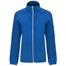 A lightweight windbreaker jacket in blue, featuring a zip front and a collar. It has a logo on the chest.