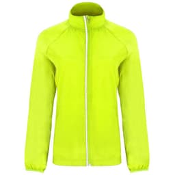 A lightweight windbreaker jacket in bright lime green with a full zip and long sleeves, featuring a logo.