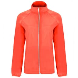 Lightweight women's windbreaker jacket in bright red, featuring a front zipper and a stand-up collar. Includes a brand logo.