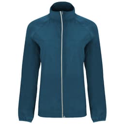 A lightweight windbreaker in deep teal, featuring long sleeves and a zippered front, with a logo present.