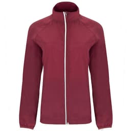 A lightweight windbreaker in burgundy with a front zipper and a high collar. The jacket has a logo.