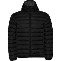 A black waterproof hooded jacket featuring a quilted design and a zip front. It has a logo on the chest.