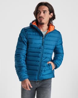 A waterproof hooded jacket in bright blue with an orange interior, featuring a zip front and a logo on the chest.