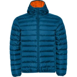 A waterproof hooded jacket in a deep blue colour with an orange inner lining, featuring a zip closure and puffy design.