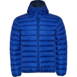 A blue waterproof hooded jacket with a zip front and puffy design, featuring a logo on one side.