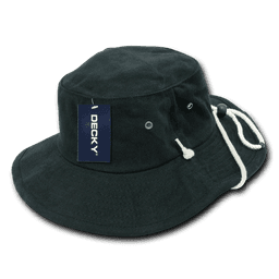 A dark green cotton bucket hat with a logo, featuring a drawstring and eyelets for ventilation.