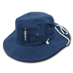 A structured navy blue Aussie hat with a rope chin strap and a tag attached.