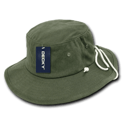 A structured Aussie hat in olive green with a white drawstring and a tag, featuring ventilation eyelets.