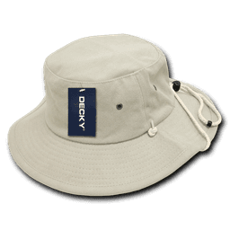 A structured Aussie hat in light beige with an adjustable chin strap and a logo tag.