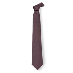 A cravat tie in a deep plum colour, featuring a simple, elegant knot at the top and a tapered end.