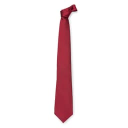A cravat tie in a rich burgundy colour with a smooth finish and a simple knot at the top.