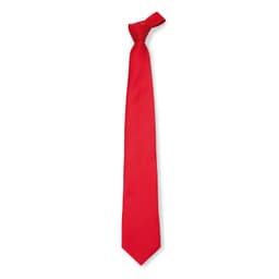 A red cravat tie with a smooth finish, featuring a simple design and a knot at the top.