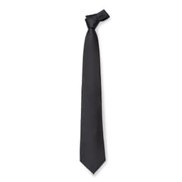 A black cravat tie with a smooth finish, featuring a decorative knot at the top. It has a logo on the fabric.