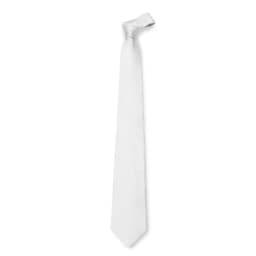 A white cravat tie with a smooth finish, featuring a stylish knot at the top. It has a simple design and a logo.