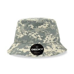 A grey camouflage bucket hat with a branded logo on the side. Ideal for outdoor wear.