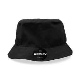 A black bucket hat with a wide brim and a logo on the front.